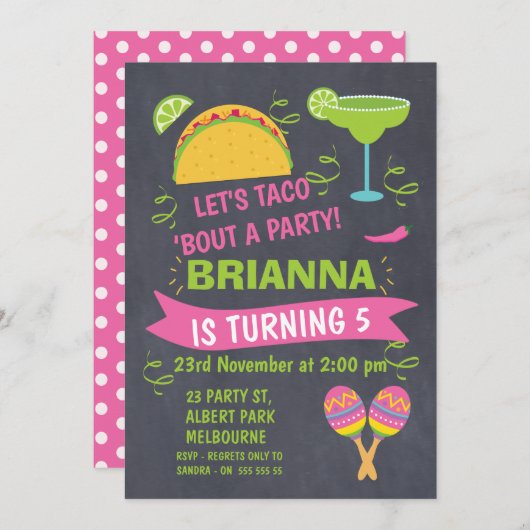 Chalkboard Taco Fiesta Einladung zum Geburtstag (Vorne/Hinten)