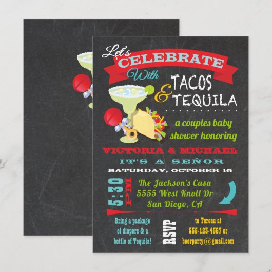 Chalkboard Tacos und Tequila Couples Kinderdusche Einladung (Vorne/Hinten)
