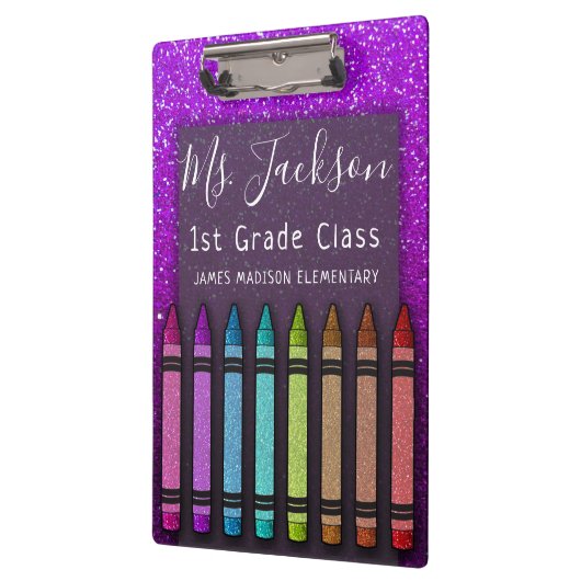 Chalkboard Teacher's Name Rainbow Glitzer Crayons Klemmbrett (Links)