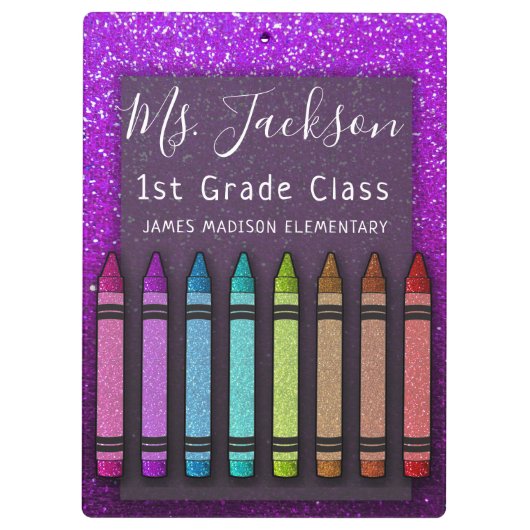 Chalkboard Teacher's Name Rainbow Glitzer Crayons Klemmbrett (Rückseite)