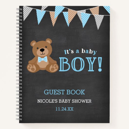 Chalkboard Teddy Bear Boy Baby Shooting Guest Book Notizblock (Vorderseite)