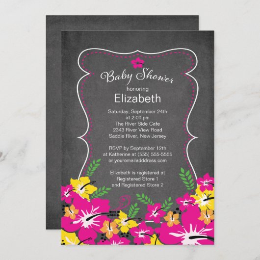 Chalkboard Tropical Hibiskus Blume Kinderdusche Einladung (Vorne/Hinten)