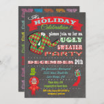 Chalkboard Ugly Sweater Weihnachts-Party Einladung<br><div class="desc">Super coole Ugly Sweater Holiday Weihnachtsfeiertage mit einer Illustration eines hässlichen Pullovers,  lustige Typografie und Banner auf einem Kalkboard Hintergrund. Handgezeichnete Abbildung von McBooboo.</div>