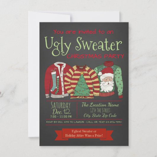 Chalkboard Ugly Sweater Weihnachts-Party Einladung (Vorderseite)
