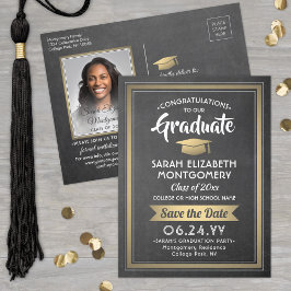 Chalkboard und Gold Abschluss Foto Save the Date Ankündigungspostkarte