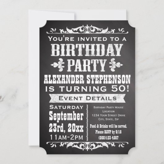 Chalkboard Vintag Blackboard Thema Geburtstagspart Einladung (Vorderseite)