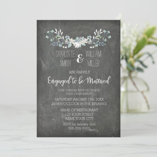 Chalkboard Vintag Floral Engagement Einladung (Stehend Vorderseite)
