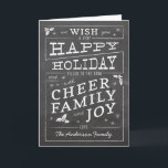 Chalkboard Vintag Style Happy Holiday Feiertagskarte<br><div class="desc">Vintag inspiriert Typografie verleiht dieser Chalboard-Café-Signatur-Stil fröhliche Urlaubskarte ein charmantes und festliches Gefühl mit Details zu den heiligen Zweigen. Passen Sie das Jahr,  den Familiennamen,  das Foto und die personalisierte,  vorgedruckte Nachricht an,  um dies zu einer echten Art zu machen.</div>