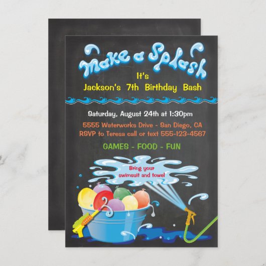 Chalkboard Wasserballon Birthday Pool Einladung (Vorne/Hinten)