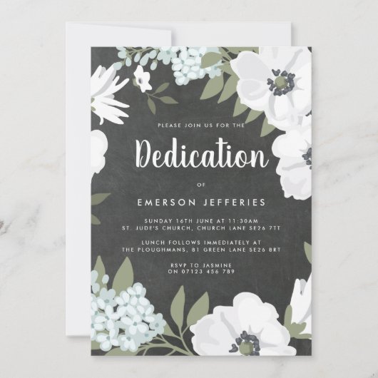 Chalkboard Wasserfarbe Anemone Dedication Einladung (Vorderseite)