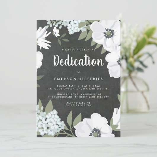 Chalkboard Wasserfarbe Anemone Dedication Einladung (Stehend Vorderseite)