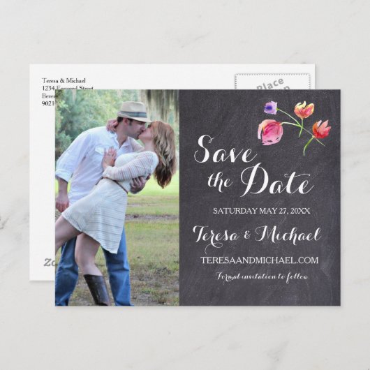 Chalkboard Wasserfarben-Blume Save the Date Ankündigungspostkarte (Vorne/Hinten)