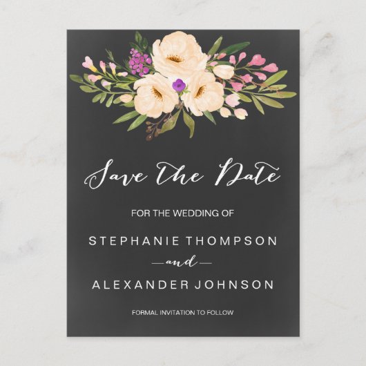Chalkboard Wasserfarbenanemonen Save the Date Ankündigungspostkarte (Vorderseite)