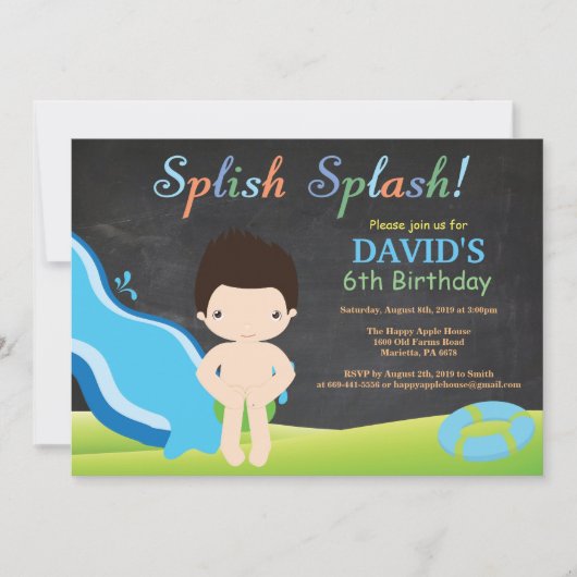 Chalkboard Water Slide Pool Geburtstagsparty Einladung (Vorderseite)