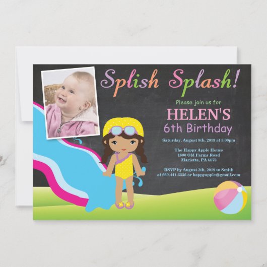 Chalkboard Water Slide Pool Geburtstagsparty Einladung (Vorderseite)
