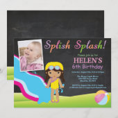 Chalkboard Water Slide Pool Geburtstagsparty Einladung (Vorne/Hinten)