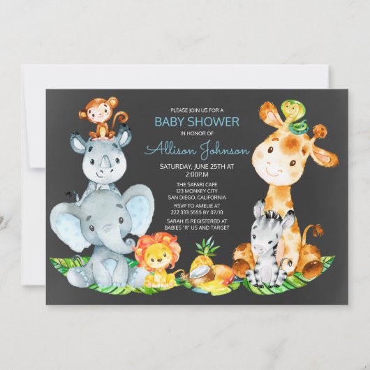 Chalkboard Watercol Niedlich Safari Jungle Baby Du Einladung (Vorderseite)