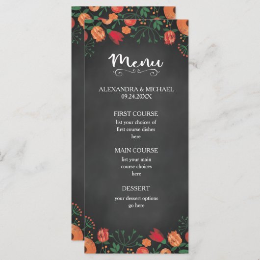 Chalkboard Watercolor Blumen Orange Hochzeitsmenü Menükarte (Vorne/Hinten)