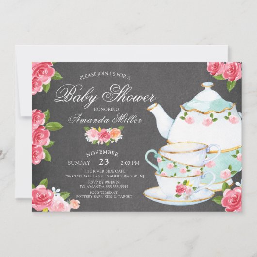 Chalkboard Watercolor Blumentee Tea Babydusche Einladung (Vorderseite)