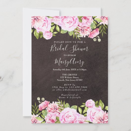 Chalkboard Watercolor Floral Brautparty Einladung (Vorderseite)