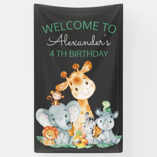 Chalkboard Watercolor Niedlich Safari Tiere Geburt Banner (Vertikal)
