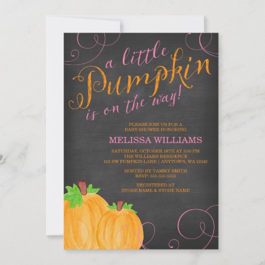 Chalkboard Watercolor Pumpkin Girl Babydusche Einladung (Vorderseite)