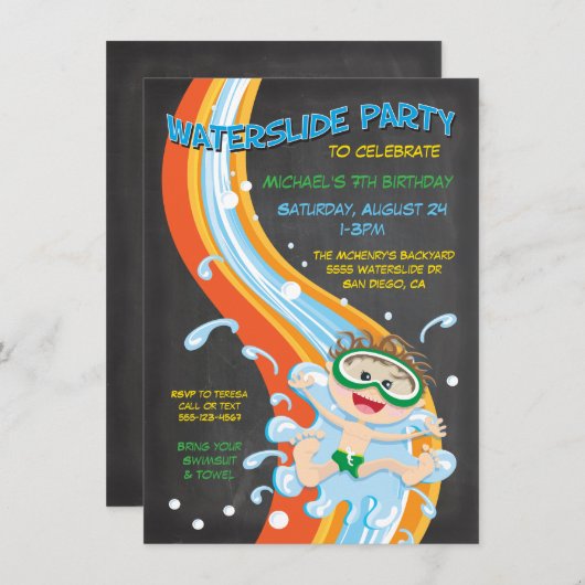 Chalkboard Waterslide Pool Party Einladung (Vorne/Hinten)