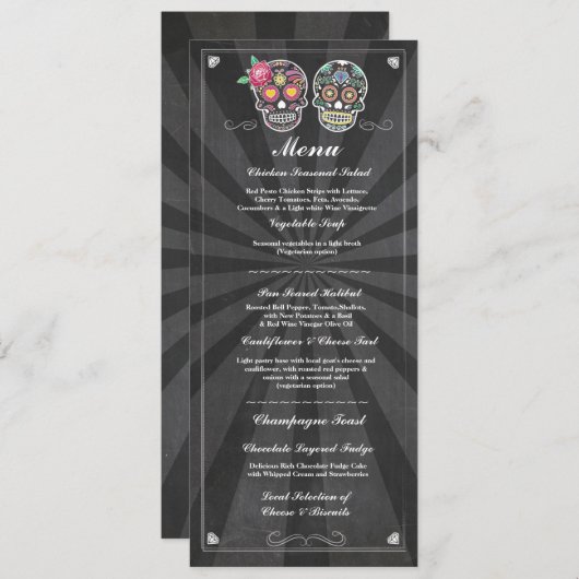 Chalkboard Wedding Party Menu für Sugar Skulls Einladung (Vorne/Hinten)