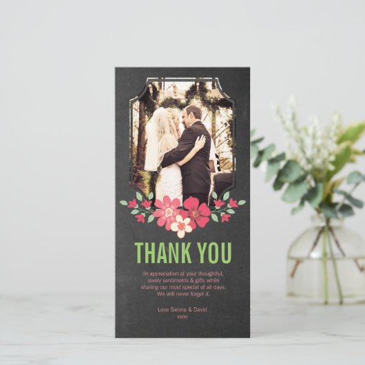 Chalkboard Wedding Vielen Dank Blume Foto Card Dankeskarte (Stehend Vorderseite)