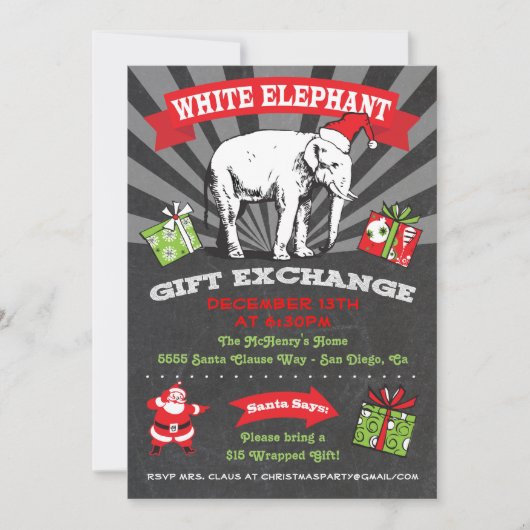 Chalkboard White Elephant Gift Exchange Einladung (Vorderseite)