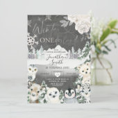 Chalkboard Winter Animal Onederland Birthday Einladung (Stehend Vorderseite)