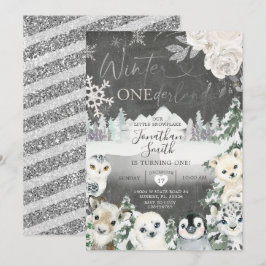 Chalkboard Winter Animal Onederland Birthday Einladung