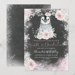 Chalkboard Winter Pinguin Rosa Blume Geburtstag Einladung