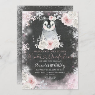 Chalkboard Winter Pinguin Rosa Blume Geburtstag Einladung