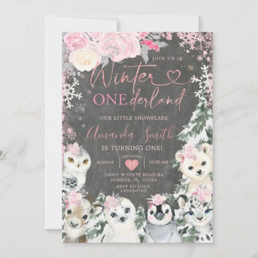 Chalkboard Winter Pink Animal Onederland Geburtsta Einladung (Vorderseite)