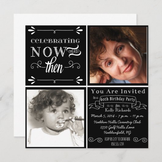 Chalkboard-Wirbel 60. Geburtstag Foto Einladung (Vorne/Hinten)