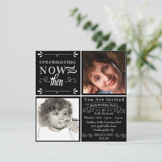 Chalkboard-Wirbel 60. Geburtstag Foto Einladung (Stehend Vorderseite)