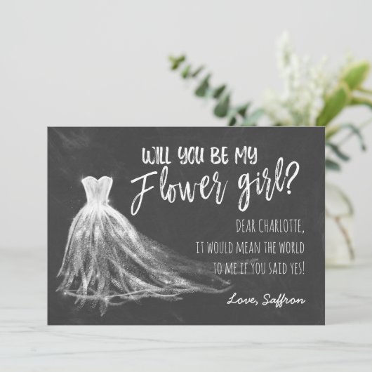 Chalkboard wirst du mein Blumenmädchen sein Einladung (Stehend Vorderseite)