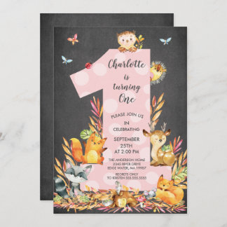 Chalkboard Woodland One Girls Einladung zum Geburt