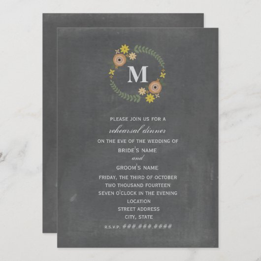 Chalkboard Wreath Monogram Fall Probe Einladung (Vorne/Hinten)