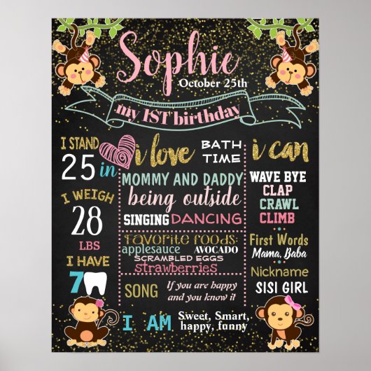 Chalkboard-Zeichen von Monkey Girl zum ersten Gebu Poster (Vorne)