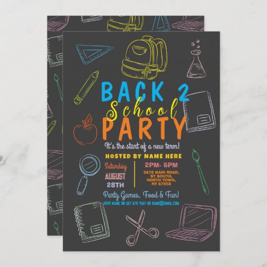 Chalkboard: Zurück zur Schule Party Einladung (Vorne/Hinten)