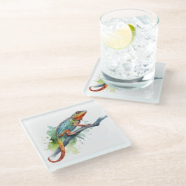 Chamäleon auf einem Zweig Aquarell lebhafte Farben Glasuntersetzer