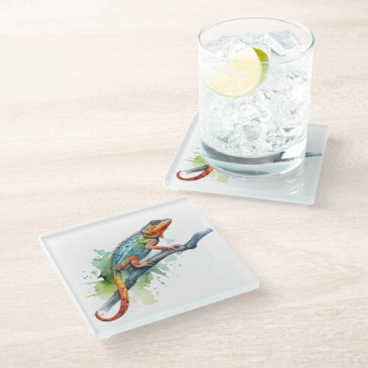 Chamäleon auf einem Zweig Aquarell lebhafte Farben Glasuntersetzer (Schrägansicht)