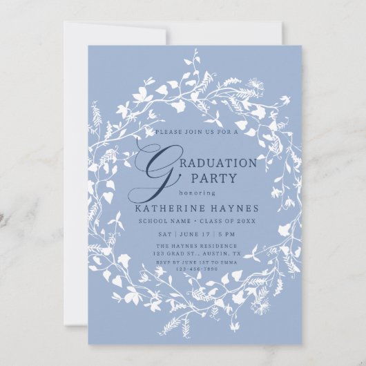 Chambray Blue White Wildblume Wreath Abschluss Einladung (Rückseite)