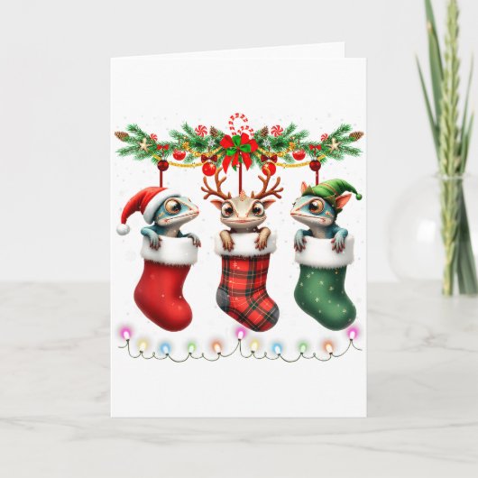 Chameleon In Christmas Socks Lights Chameleon Xmas Karte (Vorderseite)