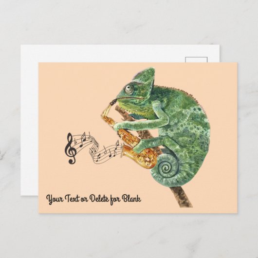 Chameleon Jazz Saxophone Custom Text Postkarte (Vorne/Hinten)