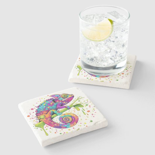 Chameleon Paint Stains Wasserfarbe Stil Steinuntersetzer (Seitenansicht)