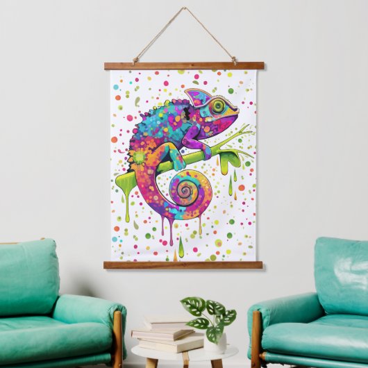 Chameleon Paint Stains Wasserfarbe Stil Wandteppich Mit Holzrahmen (Wohnzimmer)