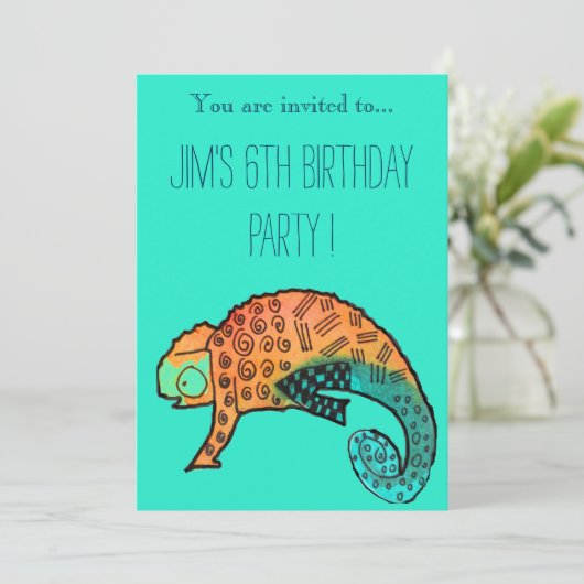 Chameleon reptile illustration boy birthday party einladung (Stehend Vorderseite)